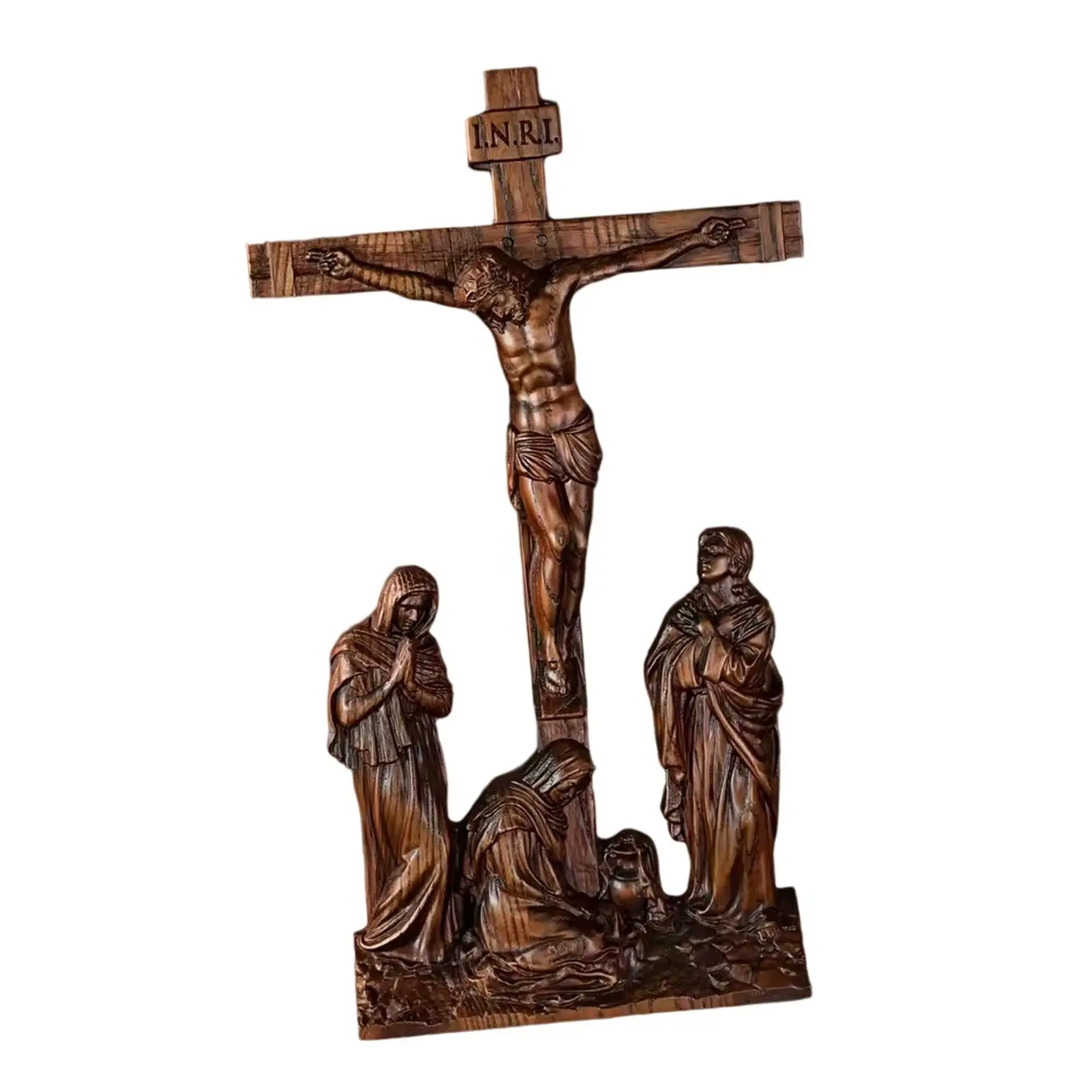 Standing Crucifix Desktop Decoration 10 inch High Wooden Jesus on The Cross Statue for Home Decor Altar Chapel Prayers Tabletop