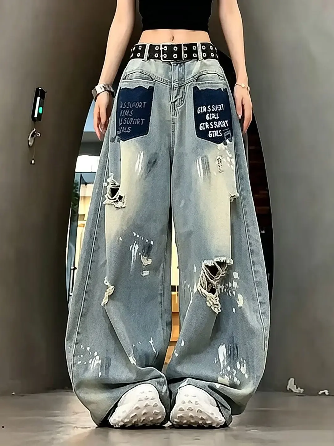 Calças Jeans Retro American Graffiti com Pernas Largas e Desgastadas para Homens e Mulheres, Estilo Cleanfit, Denim Lavado e ...