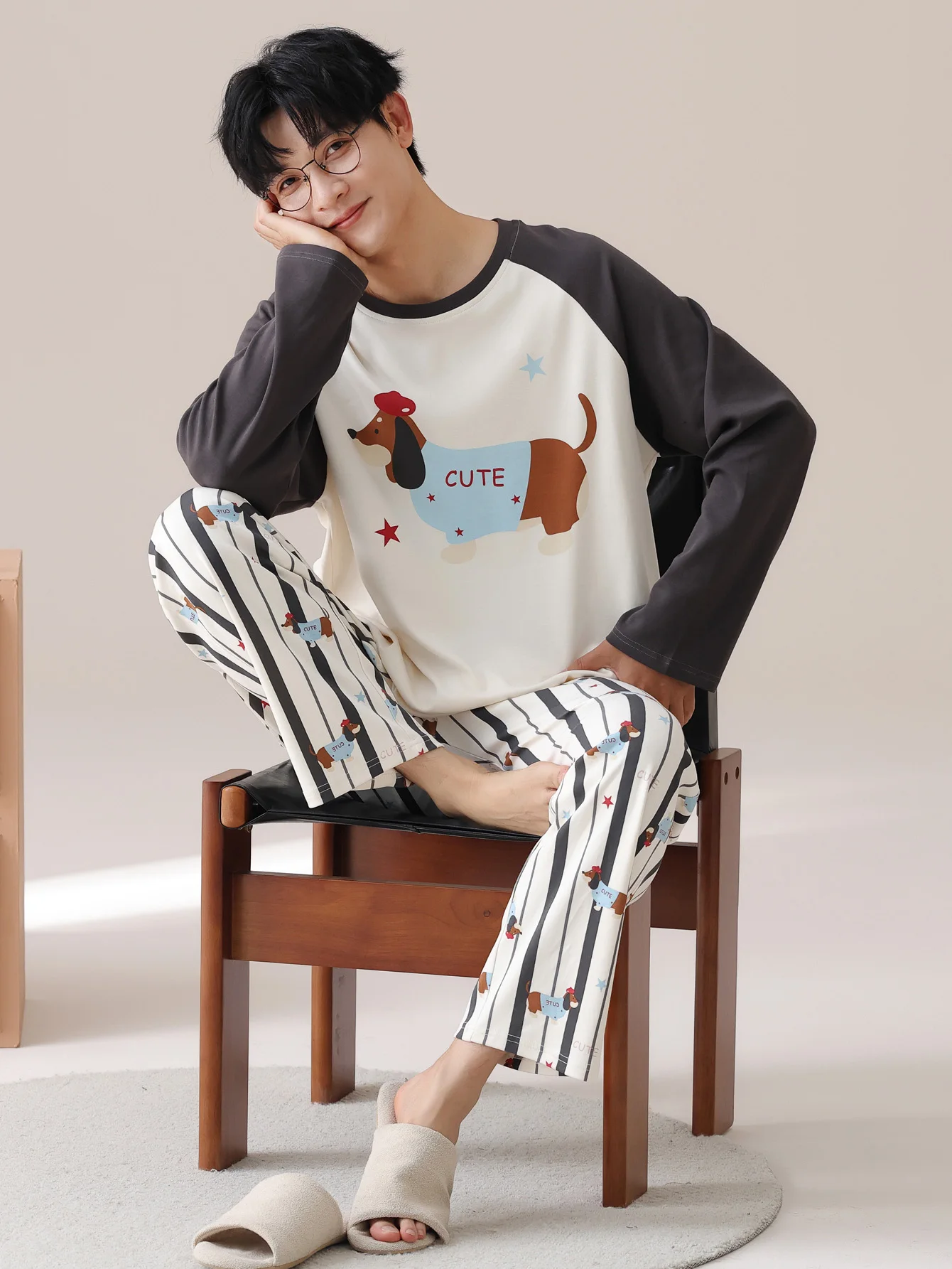 Men's 100% cotton long sleeved four season plus size men's sleepwear, teenage pure cotton home suit set for warmth