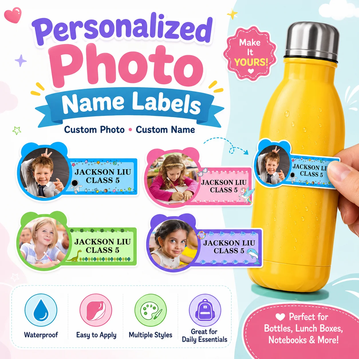 Personalized Customized Children's Name stickers, Kindergarten School Must Have Name Tags, Waterproof Stationery Book Sticker