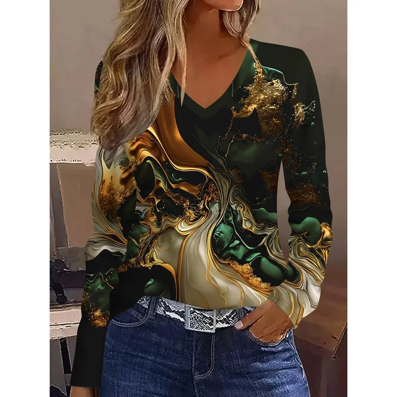 Casual Fashion Women's Long Sleeve T Shirt V Neck Breathable All Over Print Abstract Painting Gradient Gilded Fluid Marble Patte