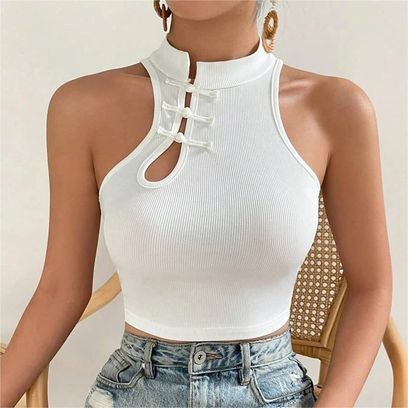 Summer Streetwear Women Sexy Sleeveless Ring Linked Vest Short Tank Tops Slim Fit Vest Y2k Sexy White Crop Top Slim Tops Clothes