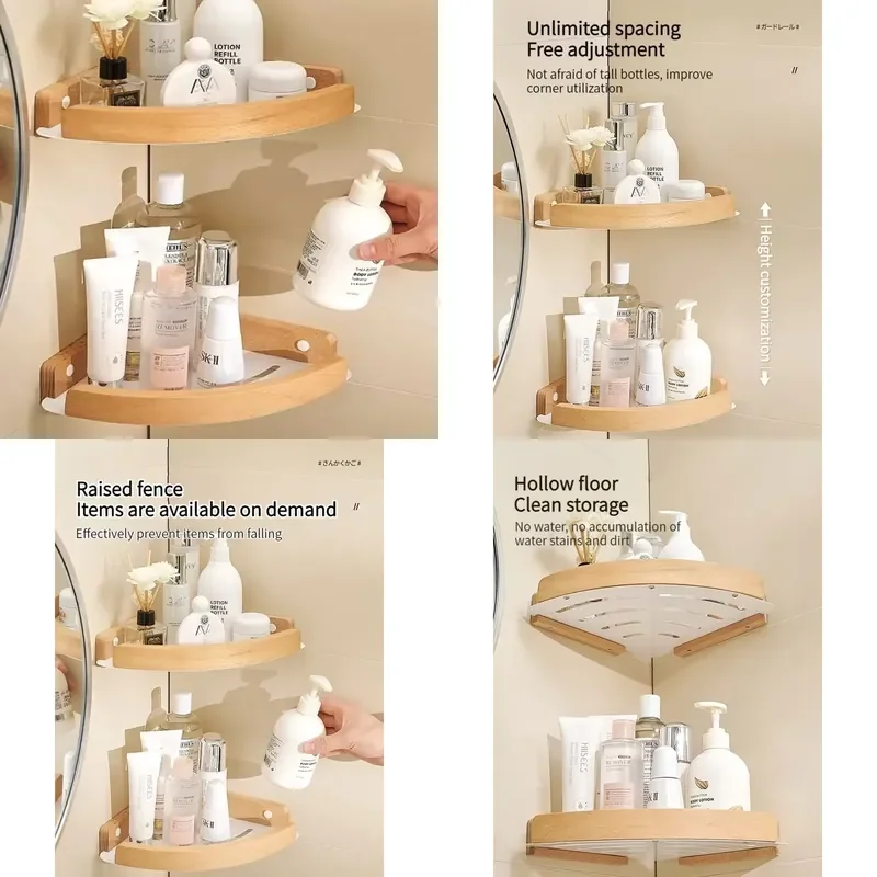 Wood Aluminum Material Bathroom Organizer Corner  Shampoo Storage Shower Wall Rack Corner shelf Triangular