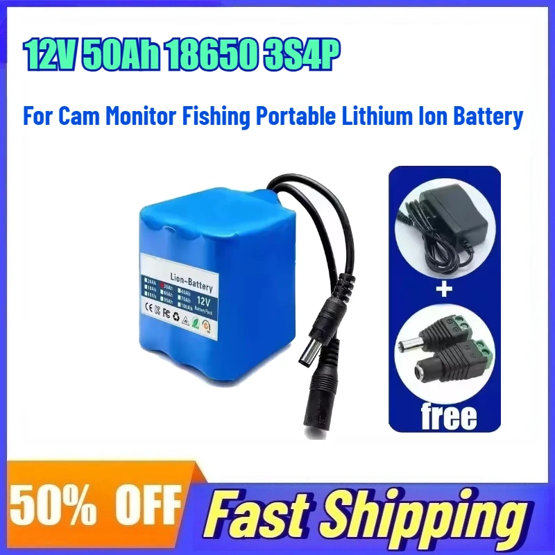 

12V 50Ah 18650 3S4P Rechargeable Battery for Cam Monitor Fishing Portable Lithium Battery