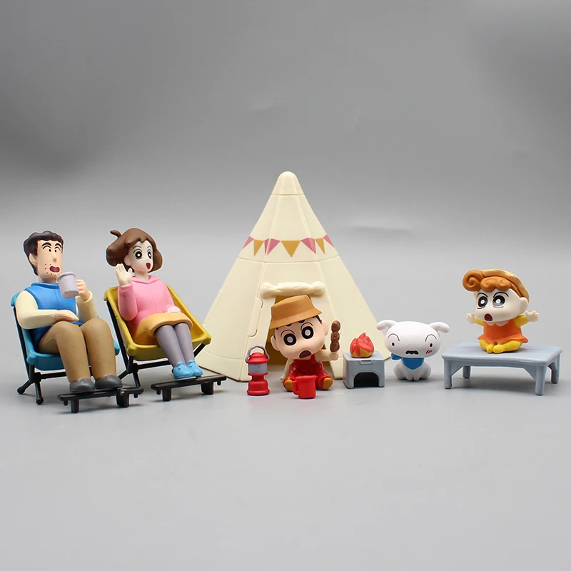 8cm Anime Camping Shin-chan Figure Fully Family Figurine Shinnosuke Nohara Himawari Figures Hiroshi and Misae Doll PVC Model Toy