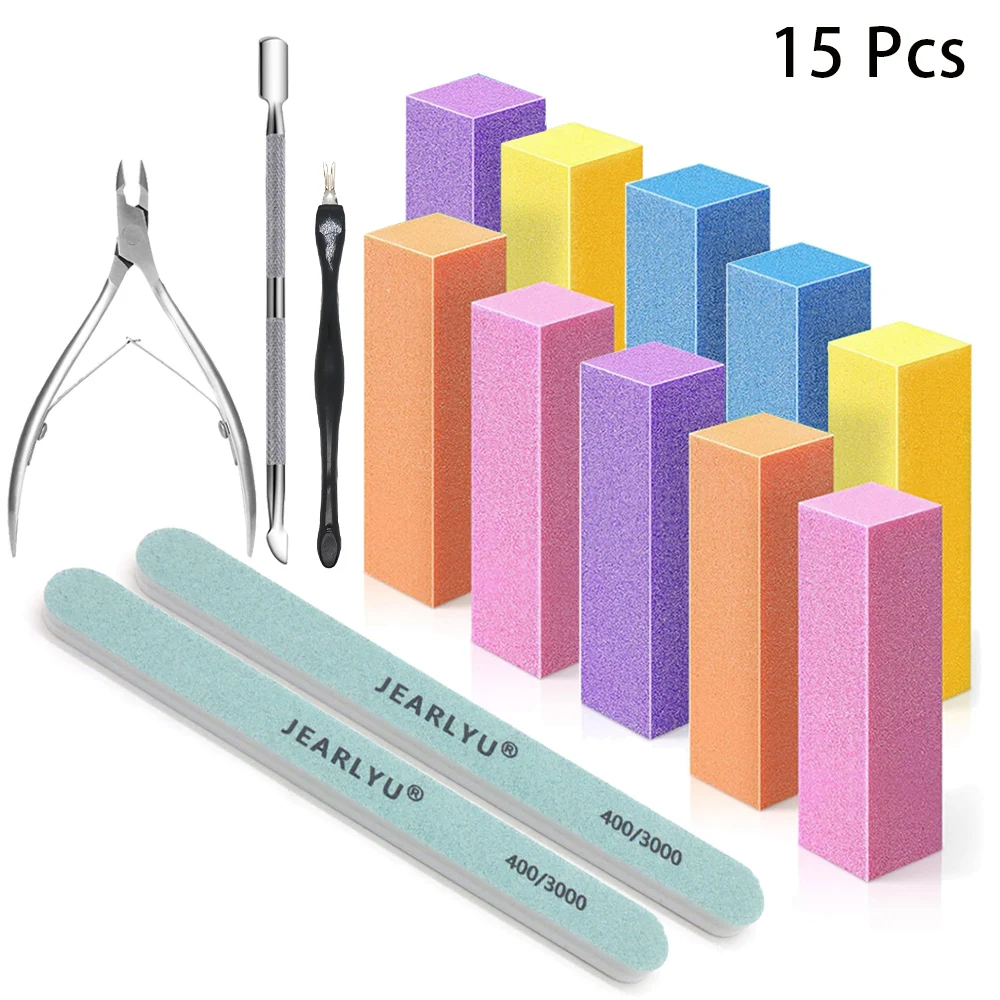 Nail Files and Buffers 15pcs Nail Kit with 2-Way Sanding Block 4-Way Buffing Block 100/180 Files Cuticle Nippers Cuticle Pushers