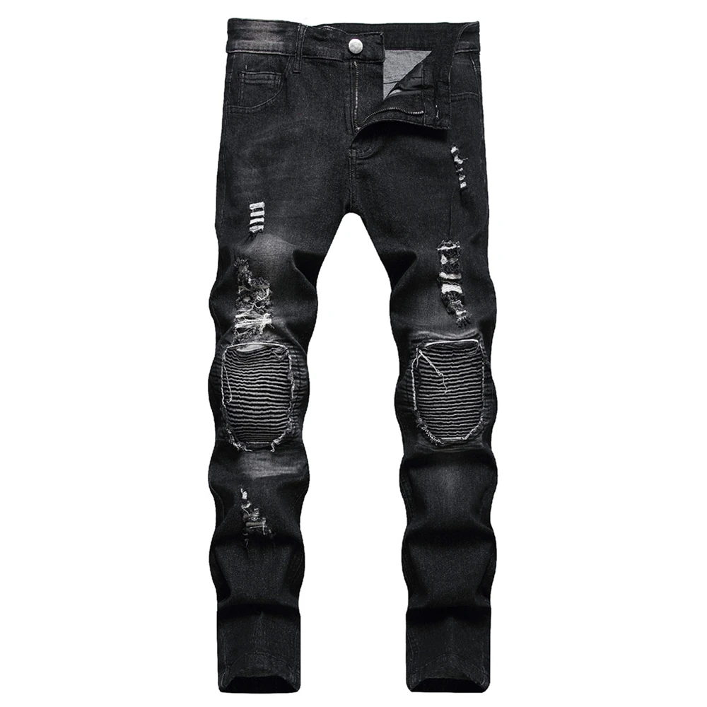 Men Motorcycle Biker Jeans Stylish Ripped Distressed Skinny Pencil Jeans Pants Holes Patch Slim Long Jeans Male Denim Trousers