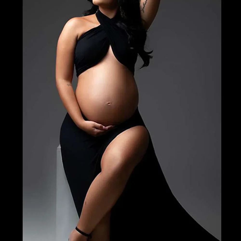 Maternity photography dress for pregnant women with exposed belly. Slim fit sexy cross collar backless design for photo shoots.