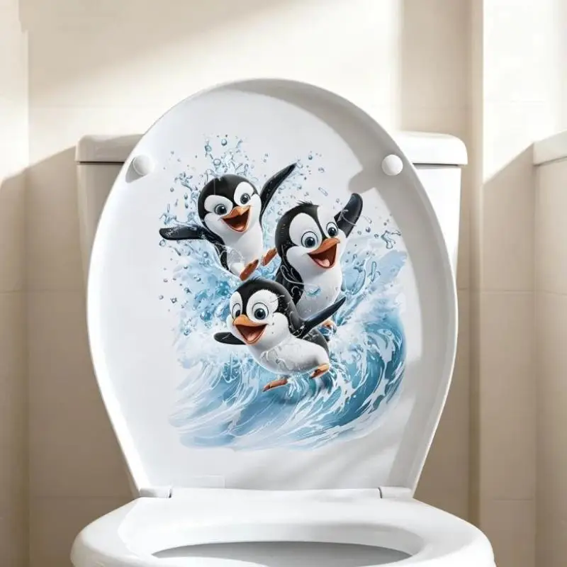 Cute Cartoon Penguins Toilet Stickers, Waterproof Ocean Wave Toilet Seat Decals, Removable Bathroom Decor for Kids Bathroom Home