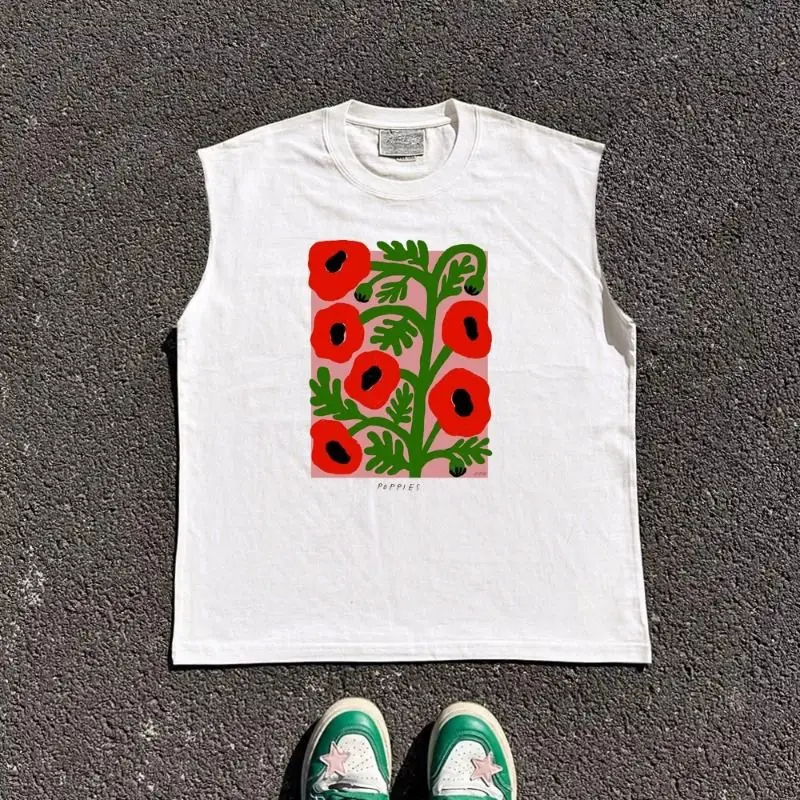 

Trendy American retro high street floral sleeveless T-shirt for men and women summer casual loose cotton vest men clothing y2k