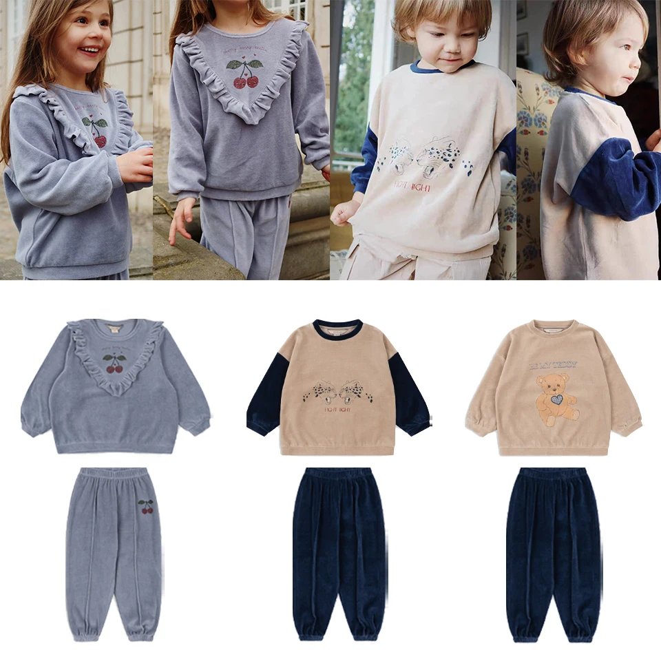 Conjunto de ropa de terciopelo para niños y niñas, sudaderas con capucha informales, Tops, pantalones, sudaderas suaves, pantalones, prendas de vestir para niños, 24 Otoño, KS