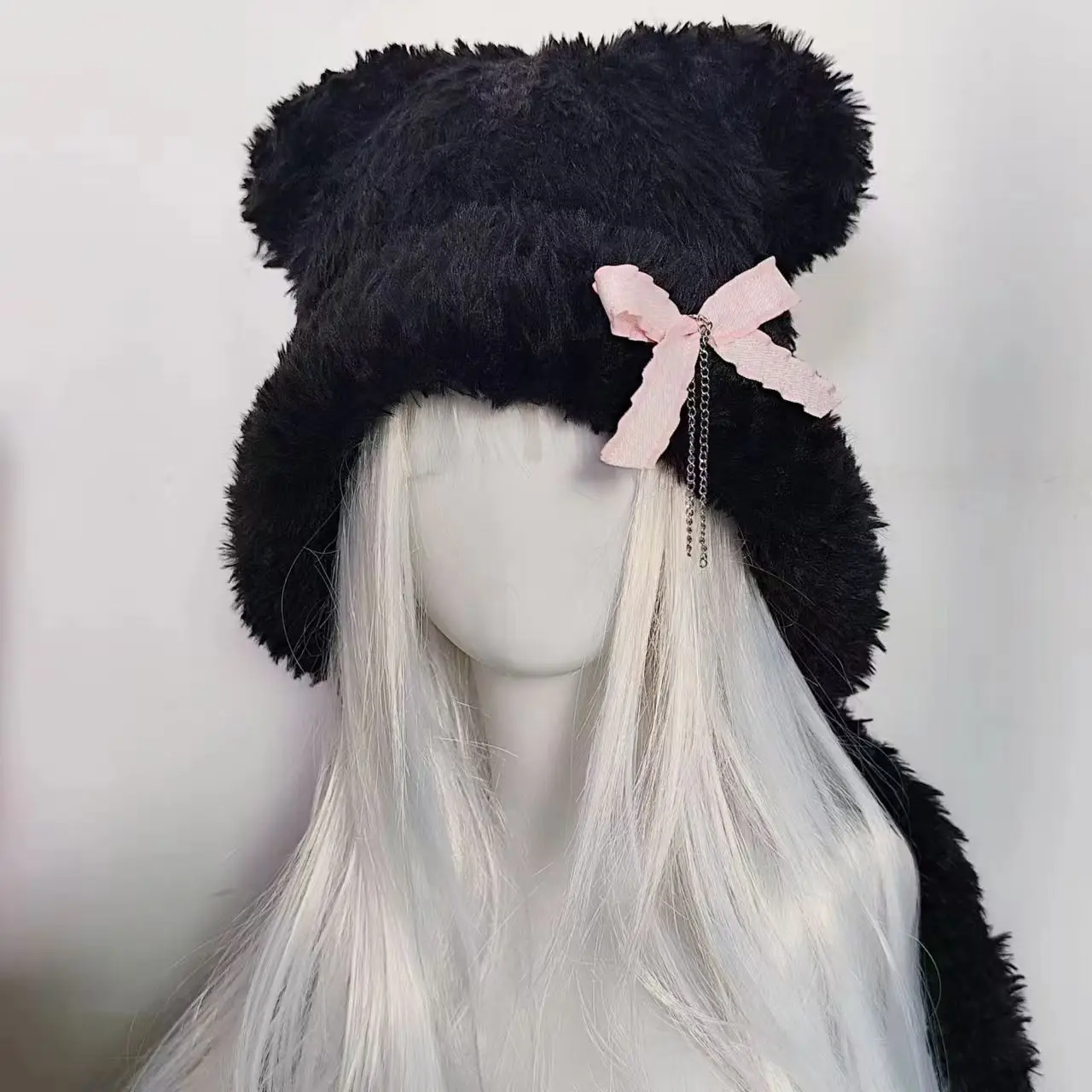 Women Harajuku Gothic Lolita Y2K Knitted Bear Ear Bowknot Chain Hat Sissy Sweet Winter Ear Protection Caps Party Costumes