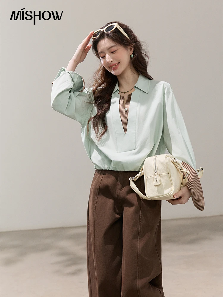 

Женская рубашка MISHOW с отложным воротником, полосатыми вставками и V-образным вырезом, весна 2026, с эластичным низом, повседневная, свободного кроя, с длинным рукавом, MXF14X254