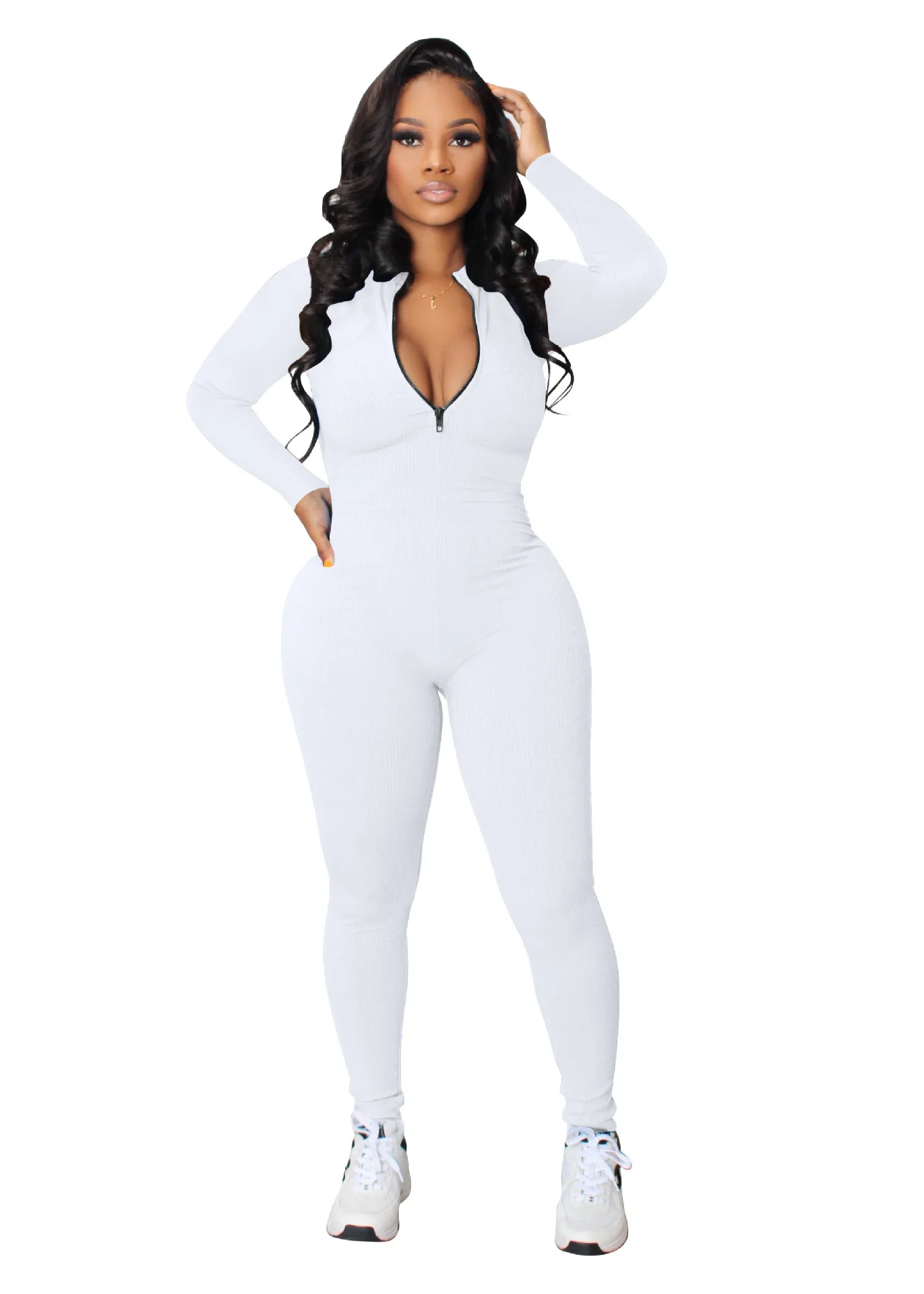 A Basic Skinny Jumpsuit Bodycon Long Sleeve Jumpsuit Solid Zipper Design Sense Fitness Outfit Female Dropshipping