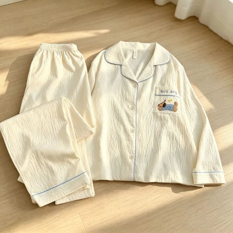 2Pcs Sleepwear Sweet Women Autumn Lapel Neck Long Sleeve Long Pants Cute Sweet Women‘s Pajamas Set Ladies Homewear Loungewear image 2