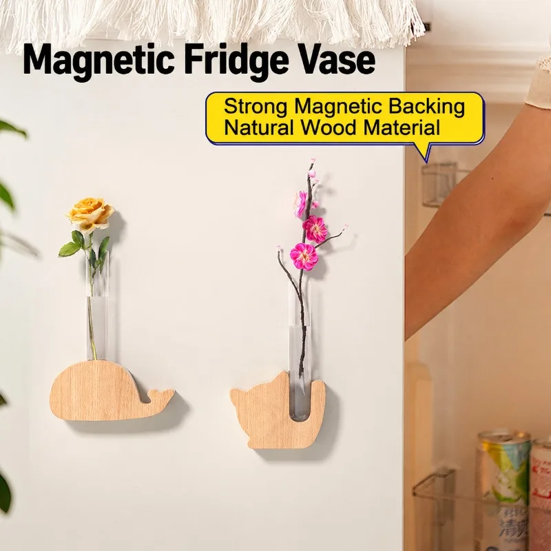 Raw Wood Fridge Magnet Vase Test Tube Floral Holder Creative Wall Mount Hydroponic Mini Bloom Container Detachable Refrigerator