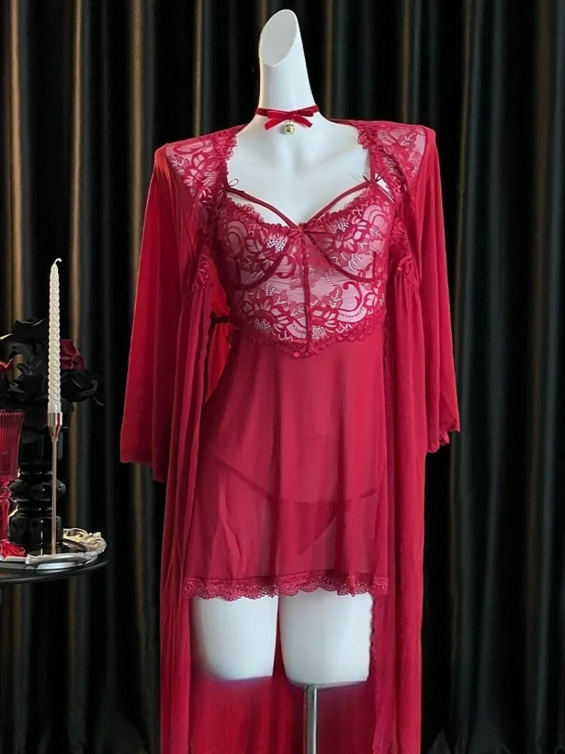 

Ascetic Red Lace Hollowed-Out Backless Halter Nightgown for Women,High-End Sexy Pajamas for Autumn,Pure Desire Style Sleepwear