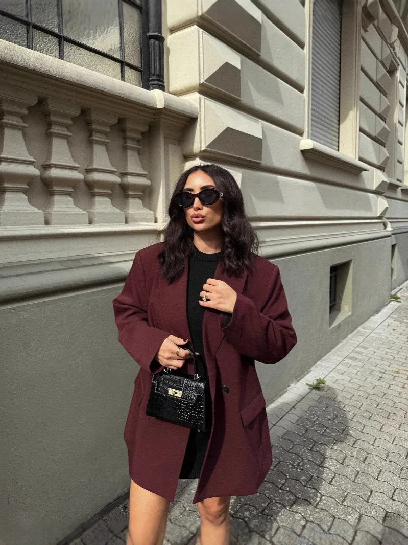 

Burgundy Blazers for Women Winter Outerwears Jackets Streetwear Loose Casual Suit Coat Long Sleeve Suit Jackets Woman Clothing