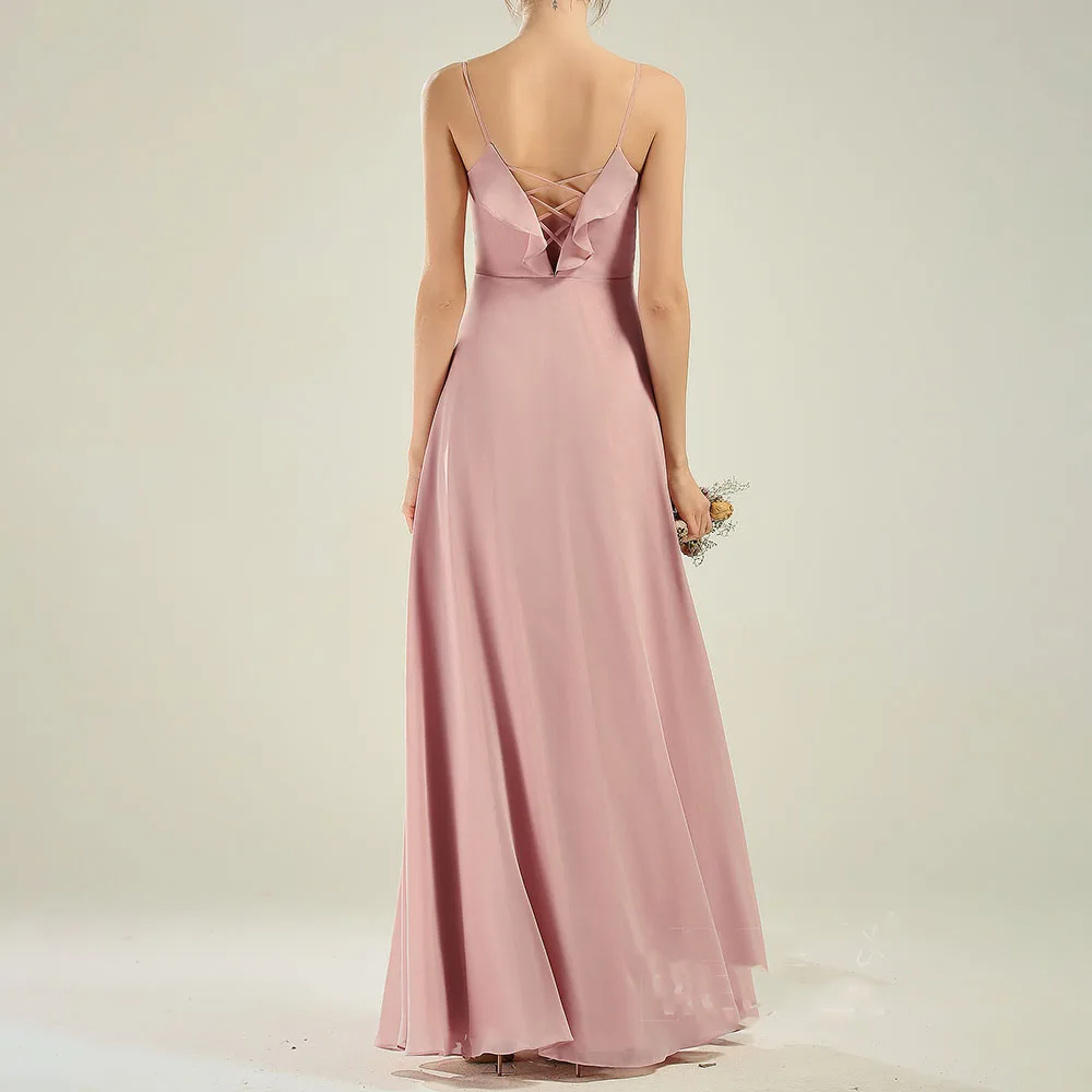 

A-Line Sexy Chiffon Bridesmaid Dress Spaghetti Strap V Neck Sleeveless Pleated Floor Length for Wedding Party