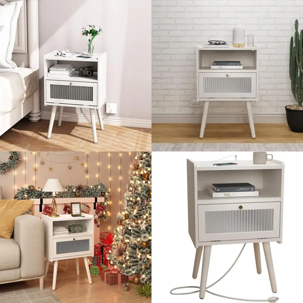 

Mid-Century Modern Nightstand with Charging Station, 2-Tier Glass Door Side Table for Bedroom or Living Room, White