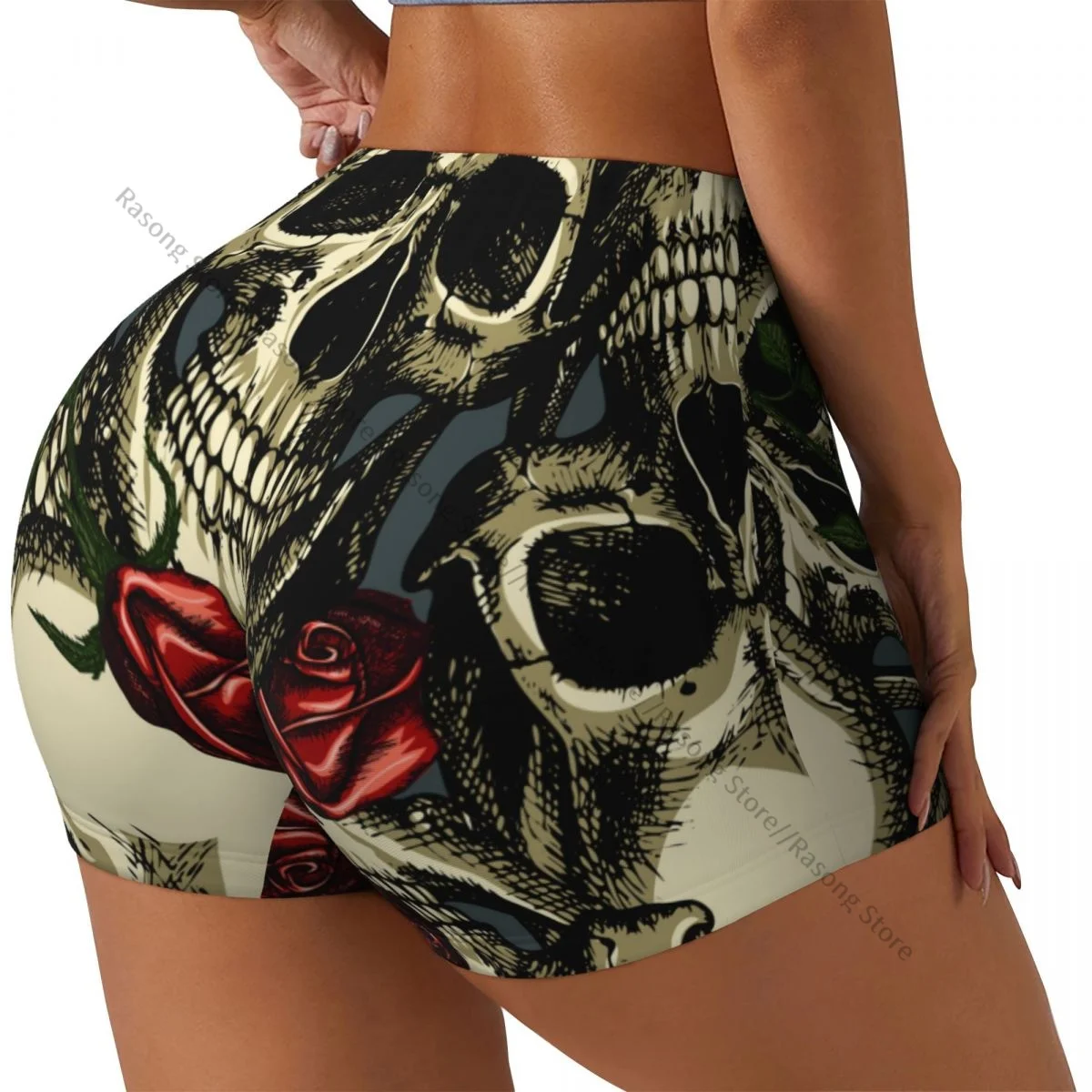 Women Yoga Shorts Red Roses Vintage Skulls Workout Shorts Fitness quick-dry Ladies Yoga Gym Running Short Pants Sportswear