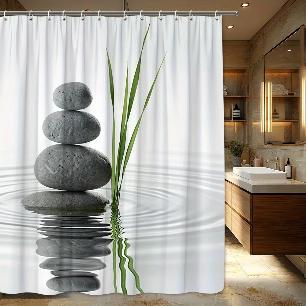 Modern Zen Stone Stack Bathroom Shower Curtain Waterproof White Spa Decor for Bathroom Home Design