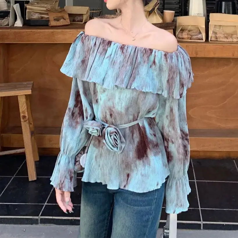 

Shirt Tie Dye Ruffles One-Piece Collar Loose Top Vintage For Women Flare Sleeve Women'S Clothing Fashion Designed Top