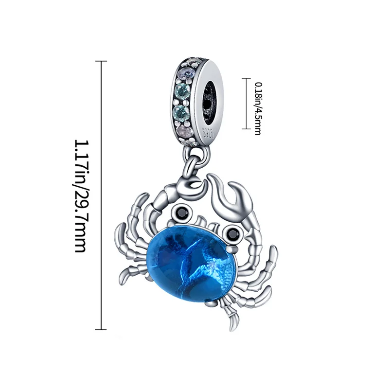 925 Sterling Silver Blue Crab Charms Pendant with Cubic Zirconia, Fit DIY Bracelet Necklace Gift for Her，Colgante Plata