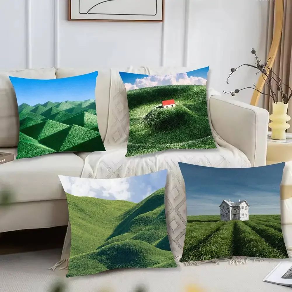 Surreal Green Hills Landscape Throw Pillow Cover, Dreamy Isolated House On Grass Hill Cushion Case Nature Scenery Pillow Decor