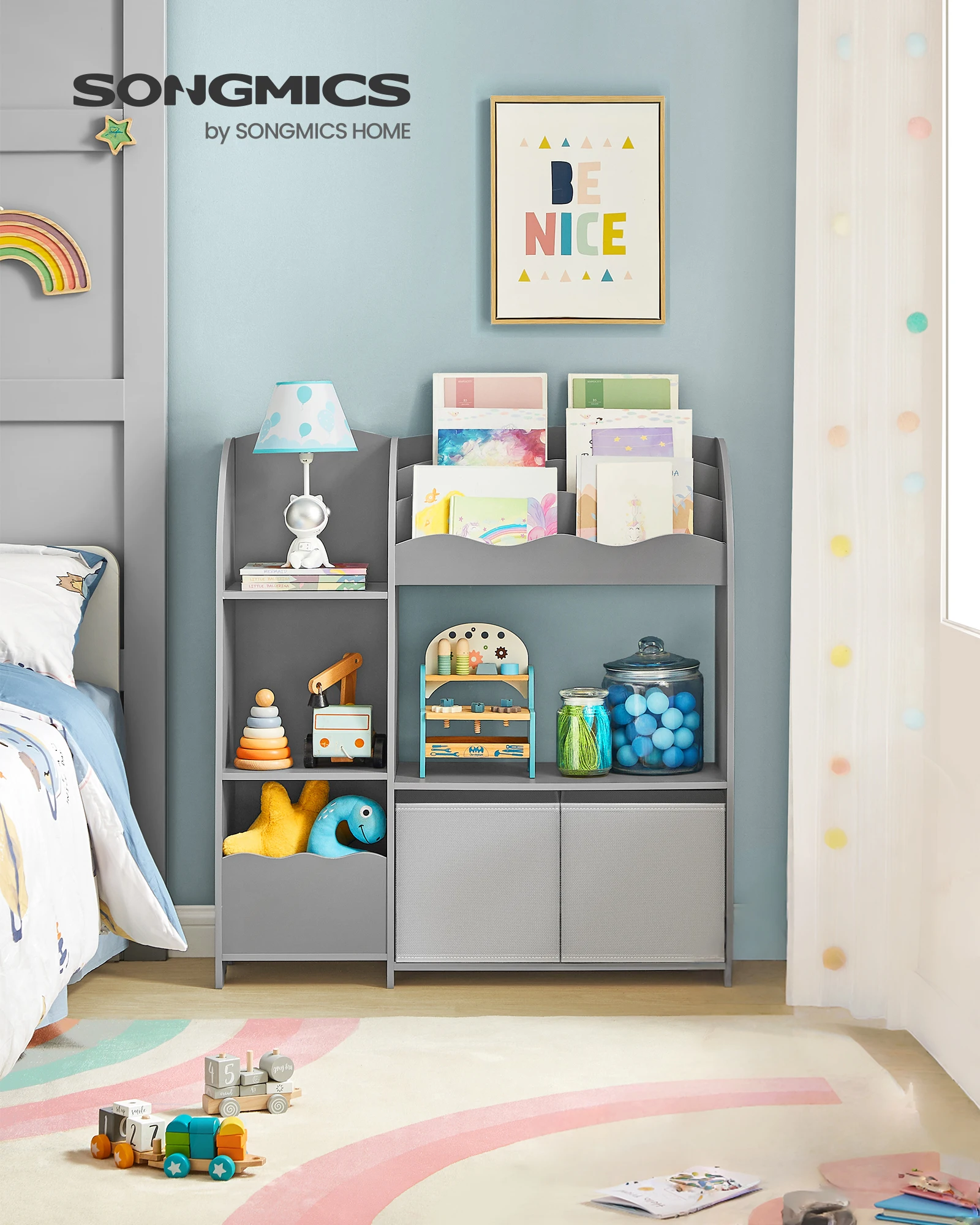 SONGMICS Bücherregal Kinder, Kinderregal für Spielzeug und Bücher, Aufbewahrung mit 2 Boxen