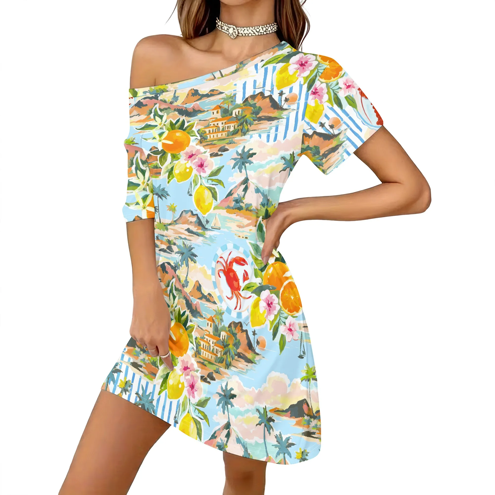 Vibrant Lemon Print Dress, Tropical Fruit Pattern, Coastal Scenery Design, Summer Casual Wear, Beach Vacation Outfit, S-2XL