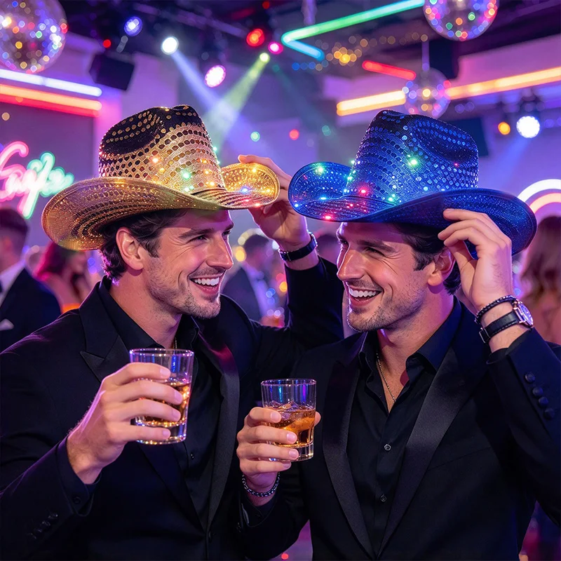 2pcs LED Sequin Cowboy Hat Glowing Party Hats Men Women Christmas Birthday Wedding Party Costume Night Club Festival Accessories
