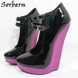 Sorbern Mary Janes Wedge Heelless Women Pump Shoes Buckles Purple Platform Shoes Round Toes Narrow High Heels Unisex Custom