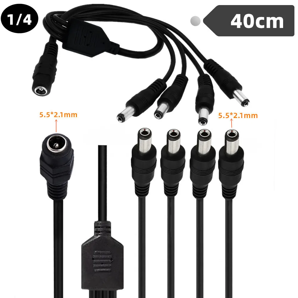 5.1mm X 2.1mm DC Power Splitter Cable 1 Female to 4 Male Output Y Adapter for CCTV Security Cameras and LED Strip Lights  40cm