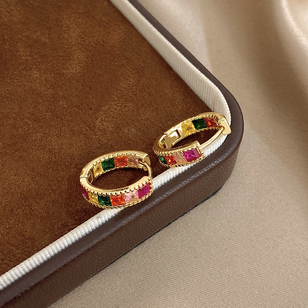 Fashion Jewelry Women Gold Plated Copper Huggie Earrings Geometric-Shaped Colorful Zircon Hoop Earrings Classic Engagement Gifts