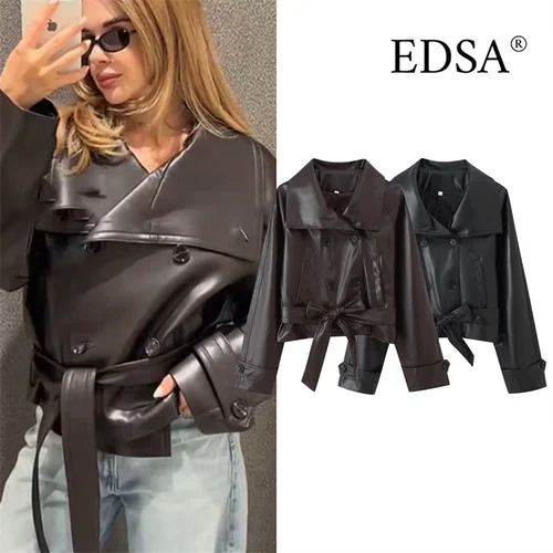 Imagen 1 del producto EDSA Chaqueta corta de cuero PU para mujer con cinturón doble botonadura manga larga abrigo Vintage para mujer prendas de vestir exteriores
