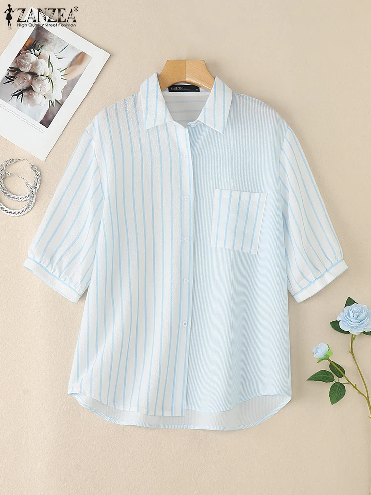 ZANZEA-camisas de retazos a rayas para mujer, moda de verano, manga corta, cuello vuelto, camisa con botones, Tops de colores contrastantes