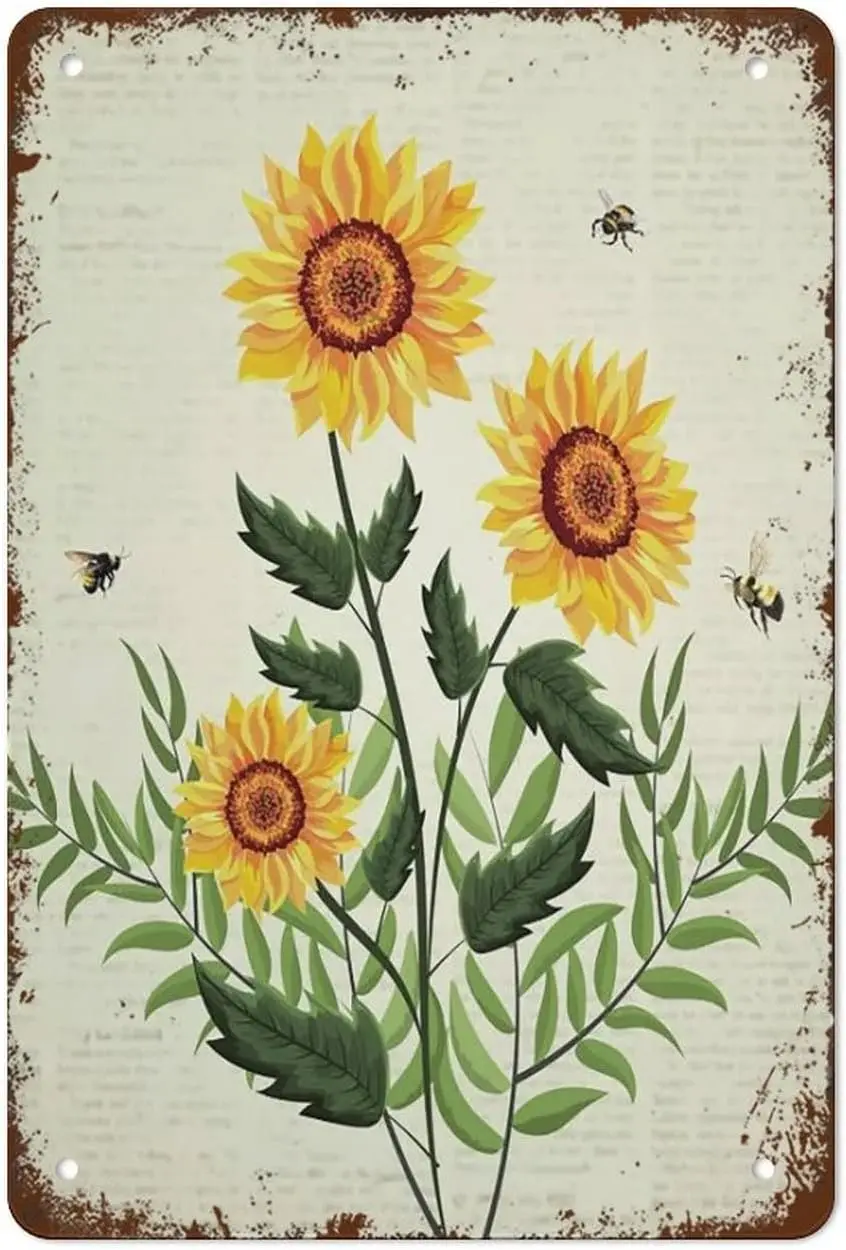 Funny Vintage Metal Tin Sign Sunflower Decor Bee Flowers Bumblebee Decor Rustic Farmhouse Decor Suitable For Home And