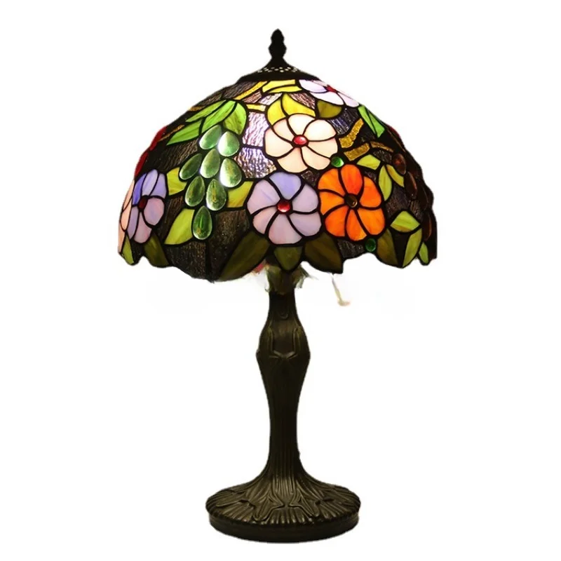 Huijing Tiffany Living Room Bedroom Study Decorative Lamps Bedside Eye Protection Lamp 12-Inch Grape Pattern Glass Table Lamp