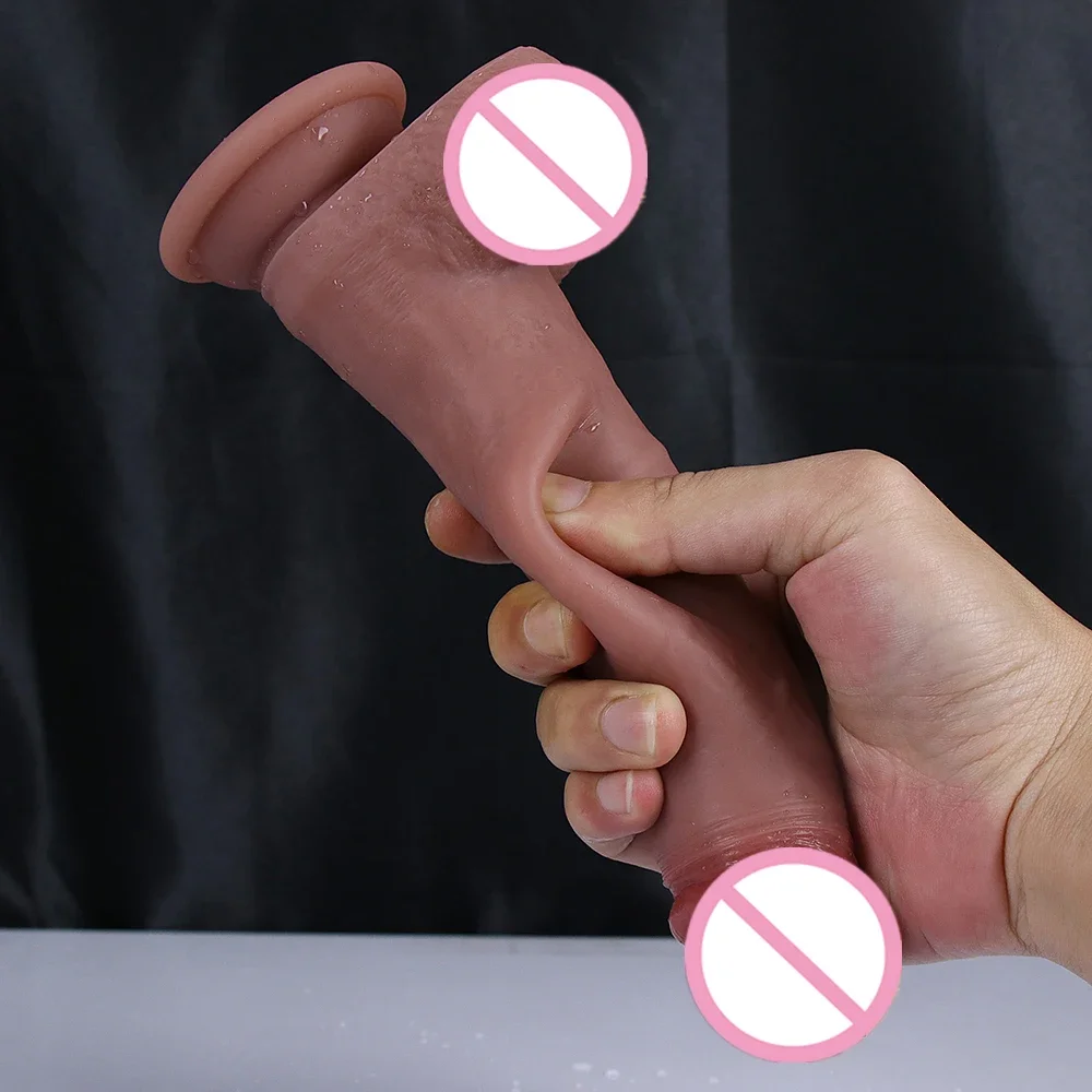 Super Realistic Sliding Skin Dildo Soft Foreskin Big Penis Silicone Suction Cup Anal Sex Toys For Erotic Women Hot Vagina Orgasm