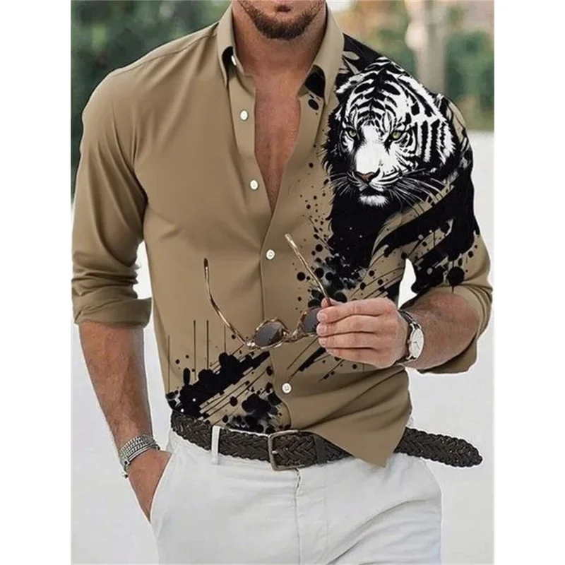 Men's solid-color casual tiger-style 3D printed long-sleeved shirt, slim and wrinkle-free fashionable elastic fabric, a must-hav
