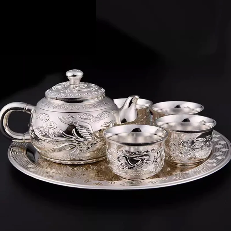 Sterling silver tea set Longfeng 999 sterling silver retro cooked silver tea set 1 plate 1 Pot 4 cups European retro Chinese sty