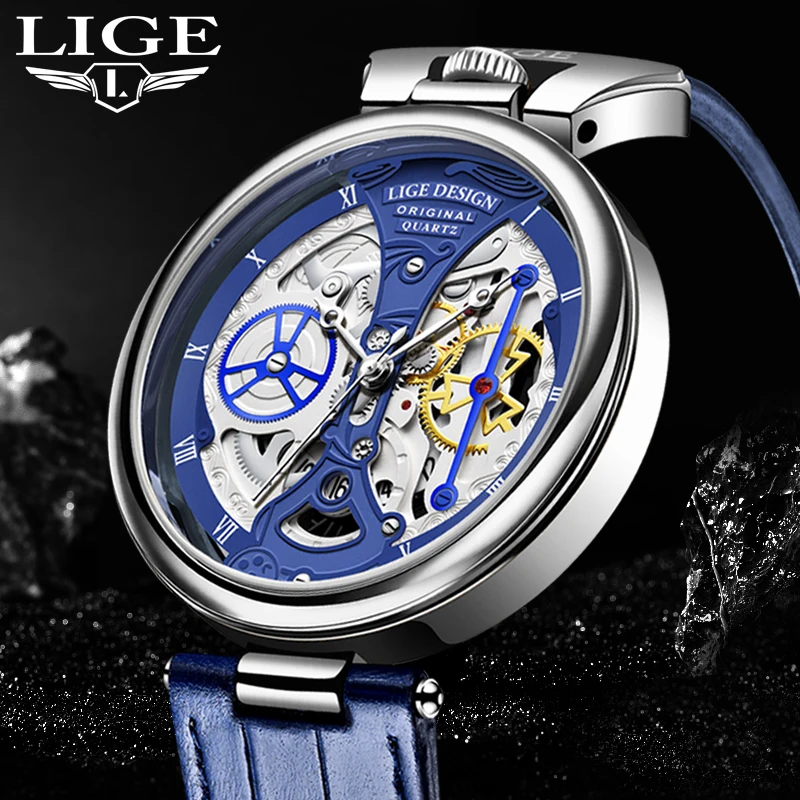 

Мужские часы LIGE, модные роскошные повседневные спортивные кварцевые мужские наручные часы с кожаным ремешком, простые водонепроницаемые полые часы Reloj Hombre