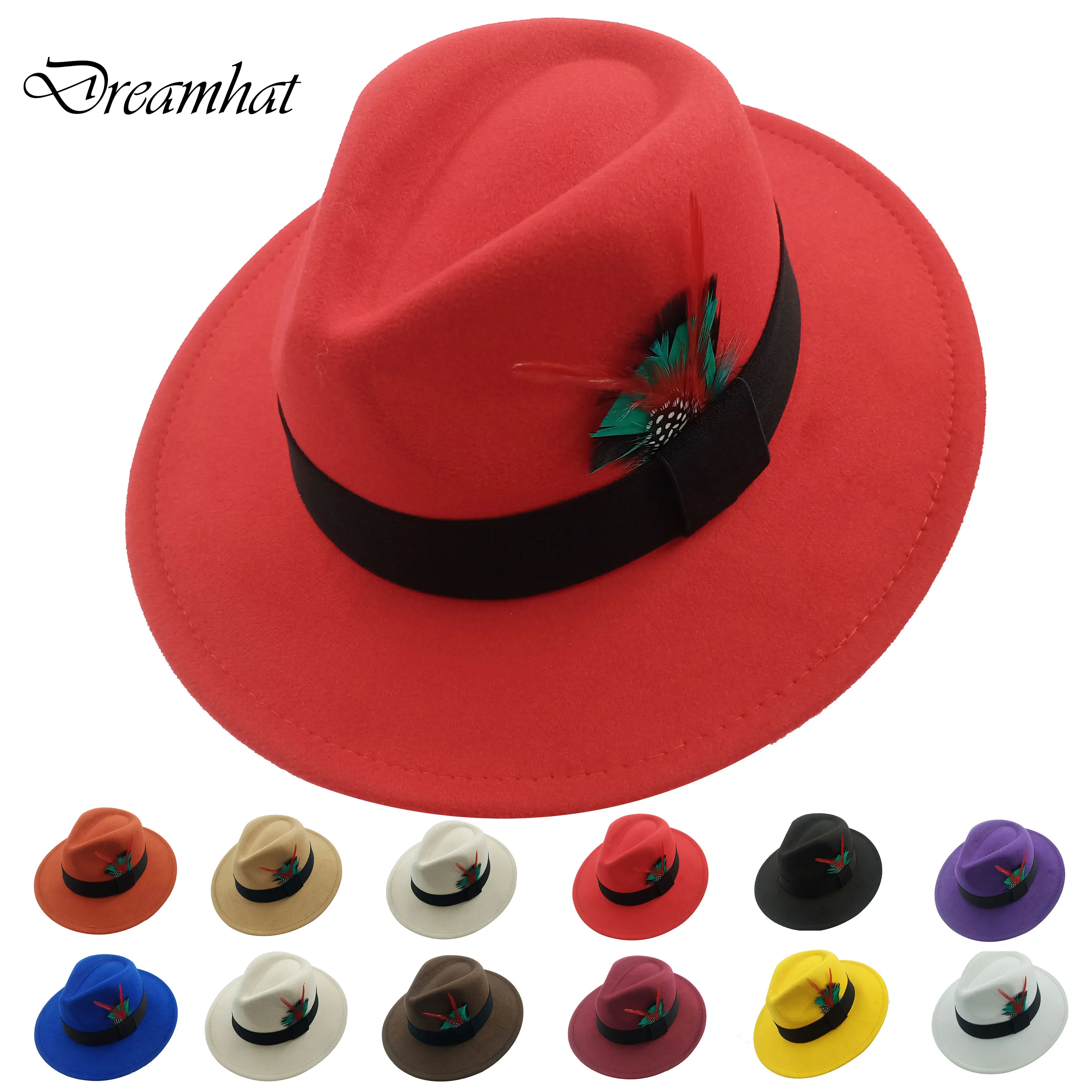 Red Feather Fedoras Men Hat Spring Autumn Jazz Hats Fashion Men\'s And Women\'s Drop Type Church Panama Hat Wide Brim Wholesale