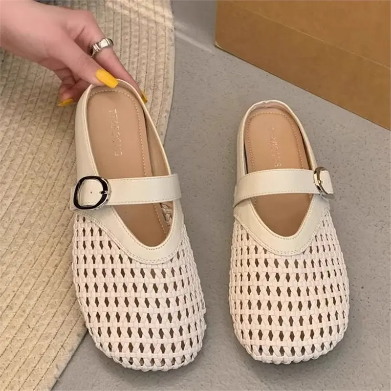 

Women Woven Mule Slippers Summer Hollow Out Breathable Closed Toe Sandals Casual Flat Shoes Outdoor Slip On Beach Garden Loafers