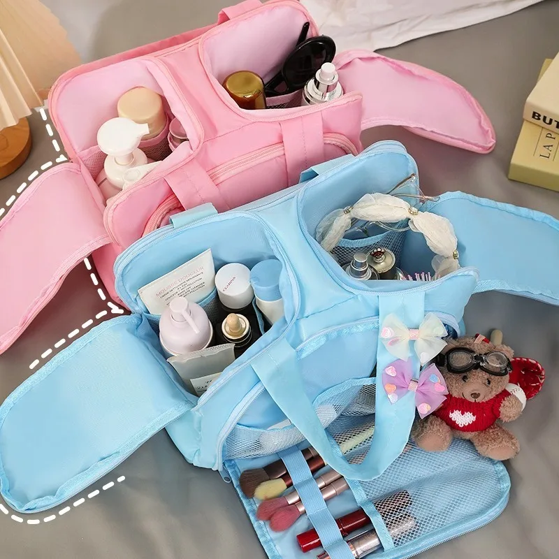 Bolsa de viaje portátil de doble apertura para almacenamiento de tela Oxford, bolsa de maquillaje y lavado, bolsa de almacenamiento de clasificación de maquillaje esponjosa de gran capacidad
