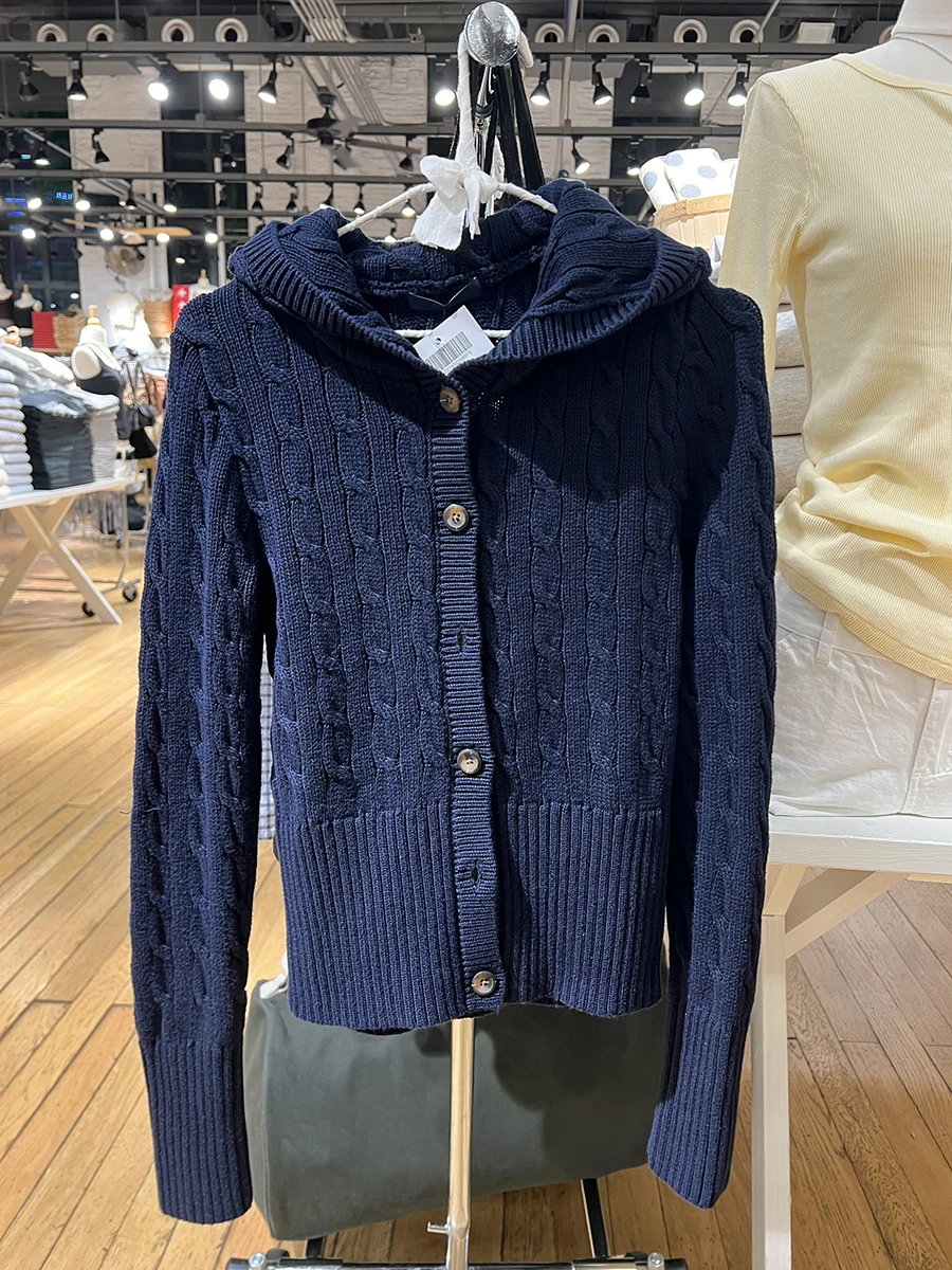 Navy Twist Blume Pullover Strickjacke Frauen Einreiher Langarm Dünne Kurze Pullover Herbst Vintage Süße Gestrickte Hoodies