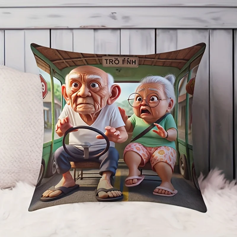 Funny Old Couple Driving Pillow Case, Cute Cartoon Grandpa Grandma Cushion Cover for Sofa Car, Humorous Elderly Home Decor Throw