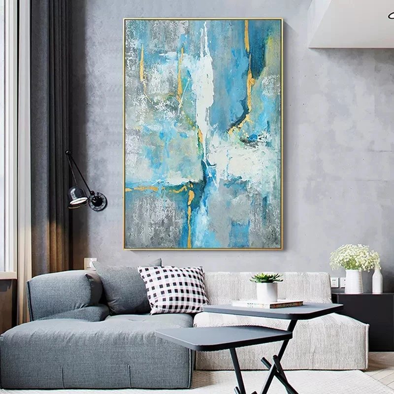 Artwork Designer Picture Hot Selling Unframed Cheap Canvas Pictures Blue Acrylic Abstract Modern Art Restaurant Wall Decoration