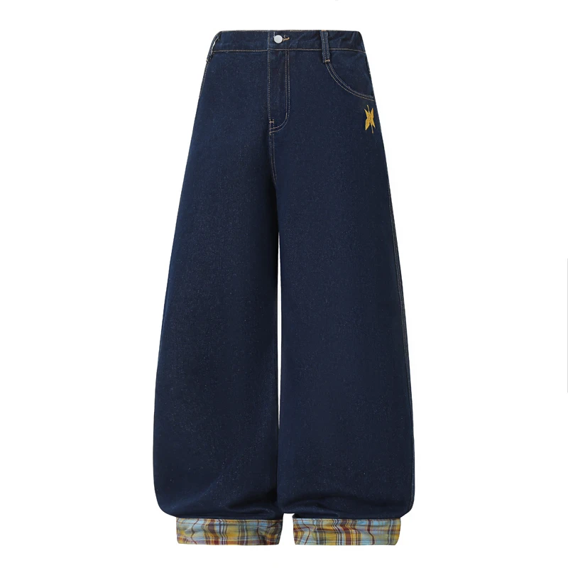 

Retro Hong Kong Sle Men's Jeans Spring Autumn Loose Straight Leg Trousers Plaid Splicing High Contrast Casual Cotton Denim